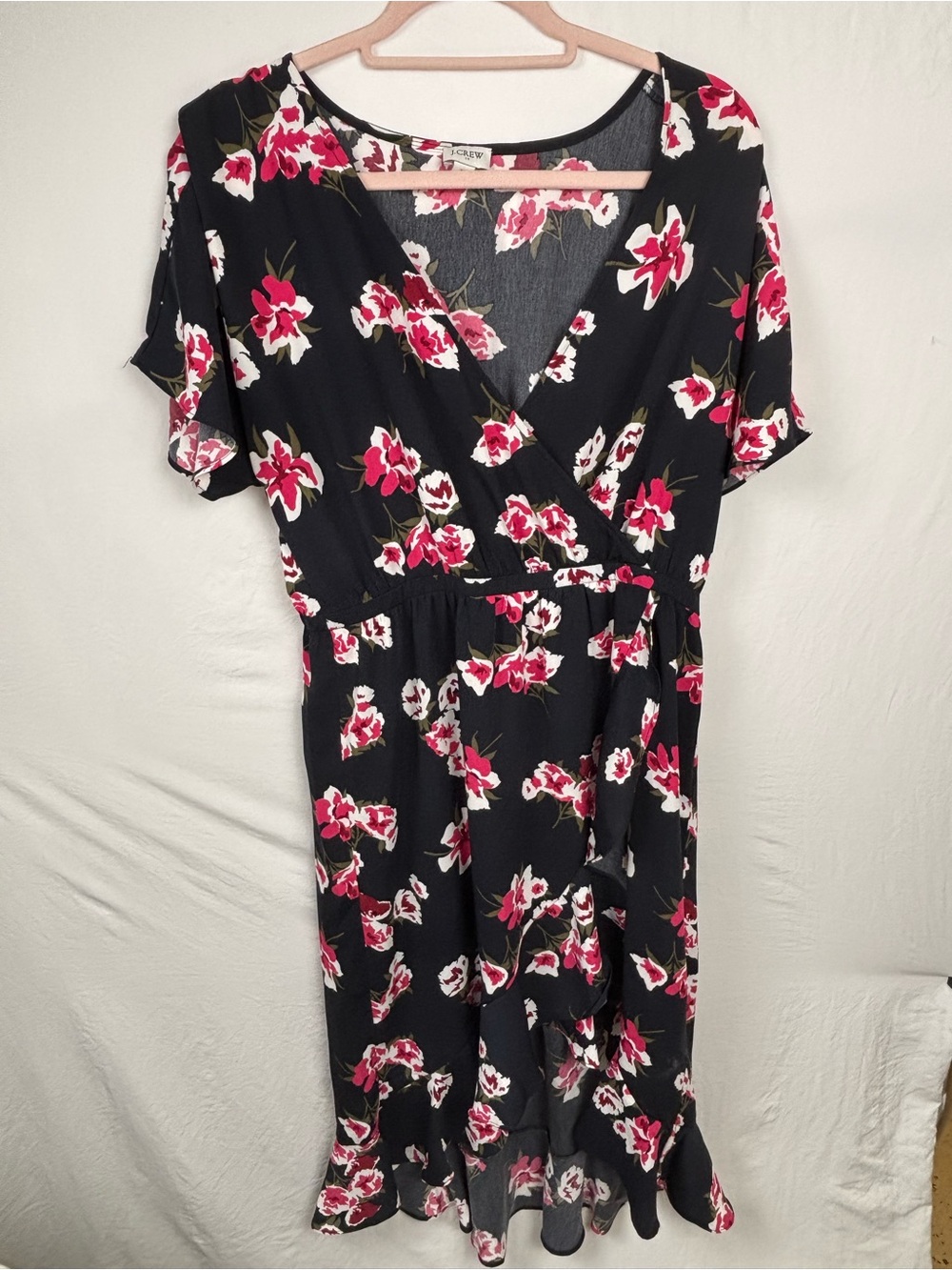 J. Crew women’s medium Black Midi Wrap Dress with Pink Floral Print